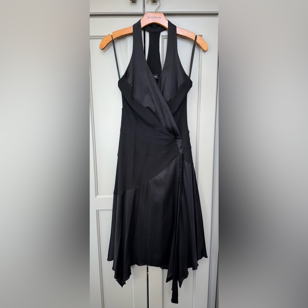 Bebe Black Asymmetrical Ruched Cocktail Dress